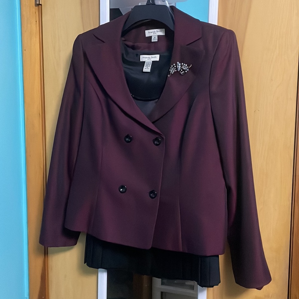 3 piece skirt set with brooch